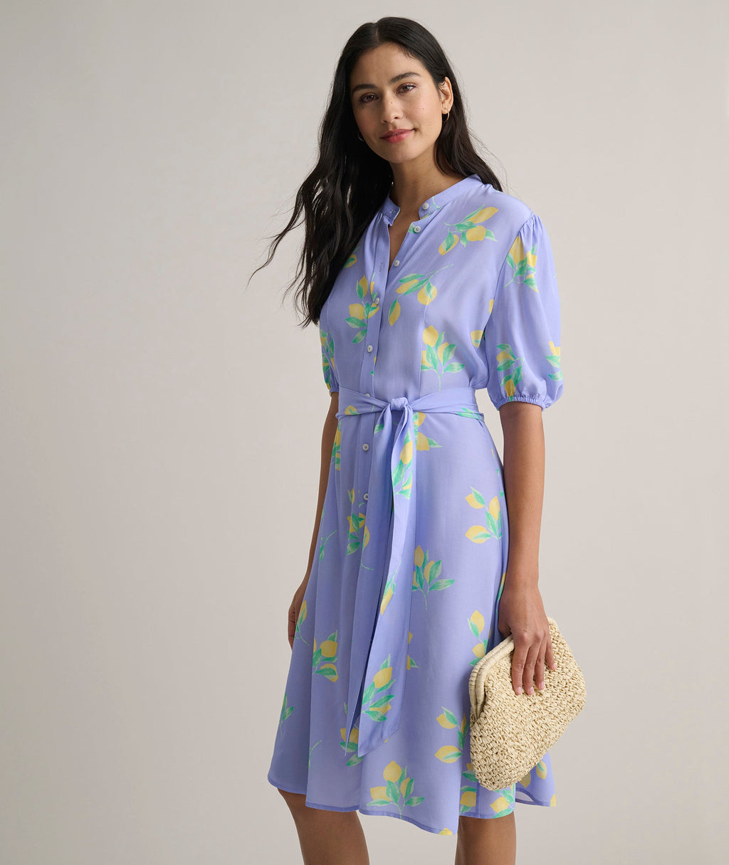 Short-Sleeve Lemon Print Midi Alix Dress