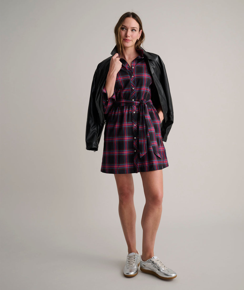 Stretch Cotton Stewart Plaid Cassie Shirt Dress