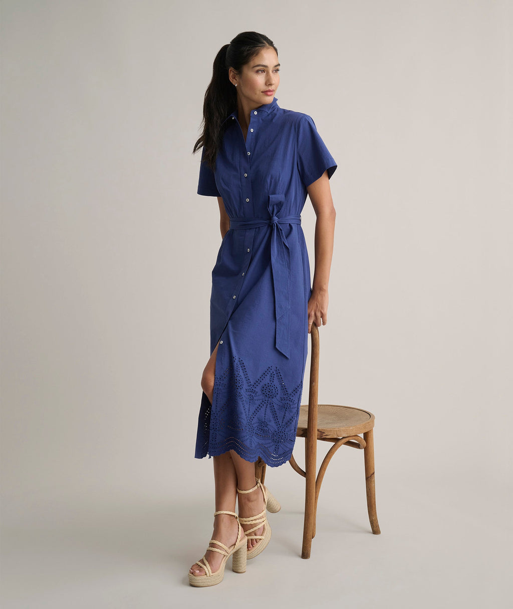 Stretch Cotton Eyelet Lillian Midi Shirt Dress